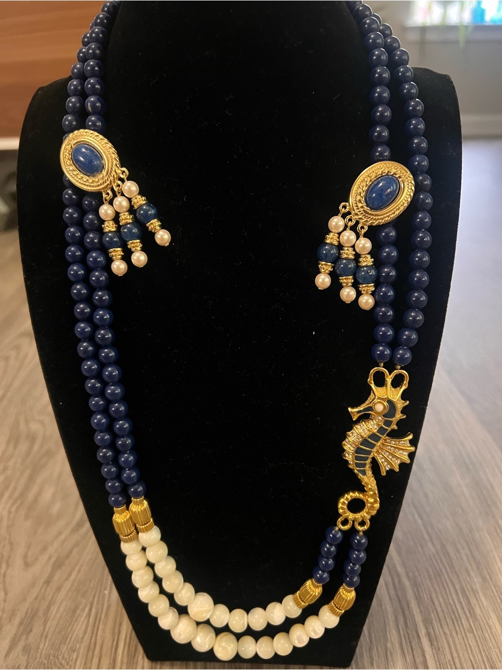 Jewelry Set-  Navy and Pearl Beaded Necklace with Gold Seahorse and earrings